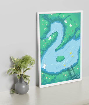 Serene River with Ducks and Birds in a Lush Landscape