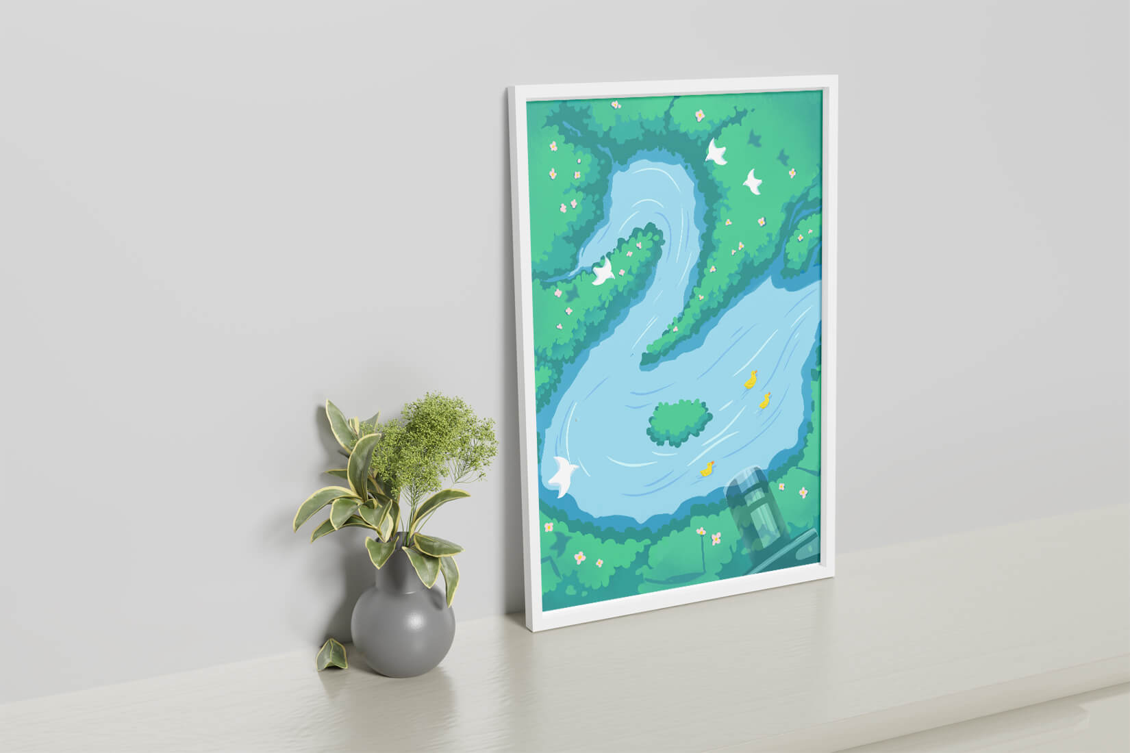 Río sereno con patos y aves en un paisaje exuberante