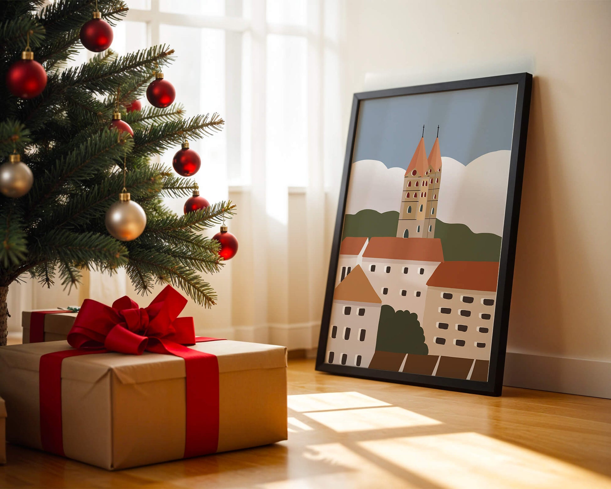 Charming European Cityscape with Church Towers and Colorful Buildings