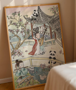 Tranquil Asian Garden Scene with Pandas and Blossoms