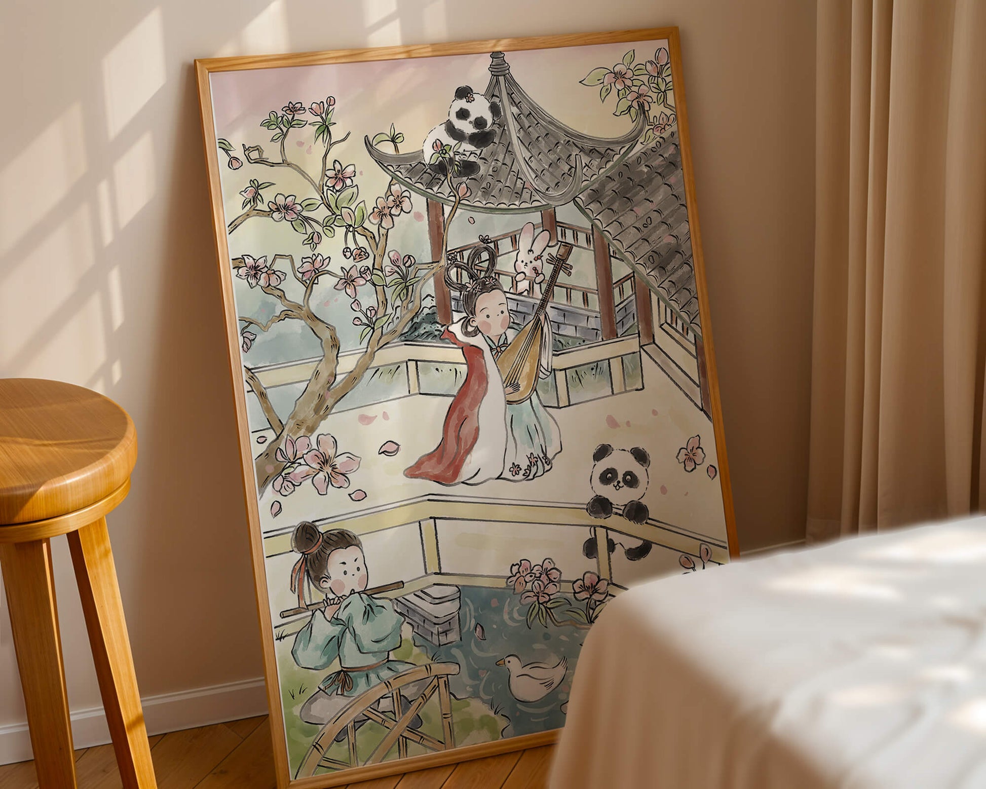 Escena tranquila de jardín asiático con pandas y flores