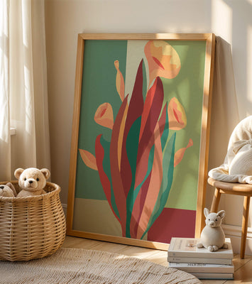 Abstract floral illustration with bold colors and geometric background