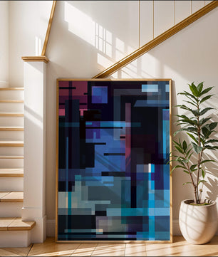 Arte digital geométrico abstracto con tonos azules y morados