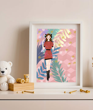 Illustration élégante d'une femme avec des éléments botaniques et un fond géométrique