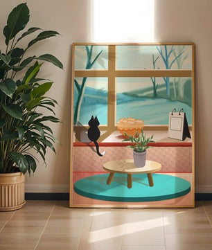 Cozy interior with a cat by the window and potted plants
