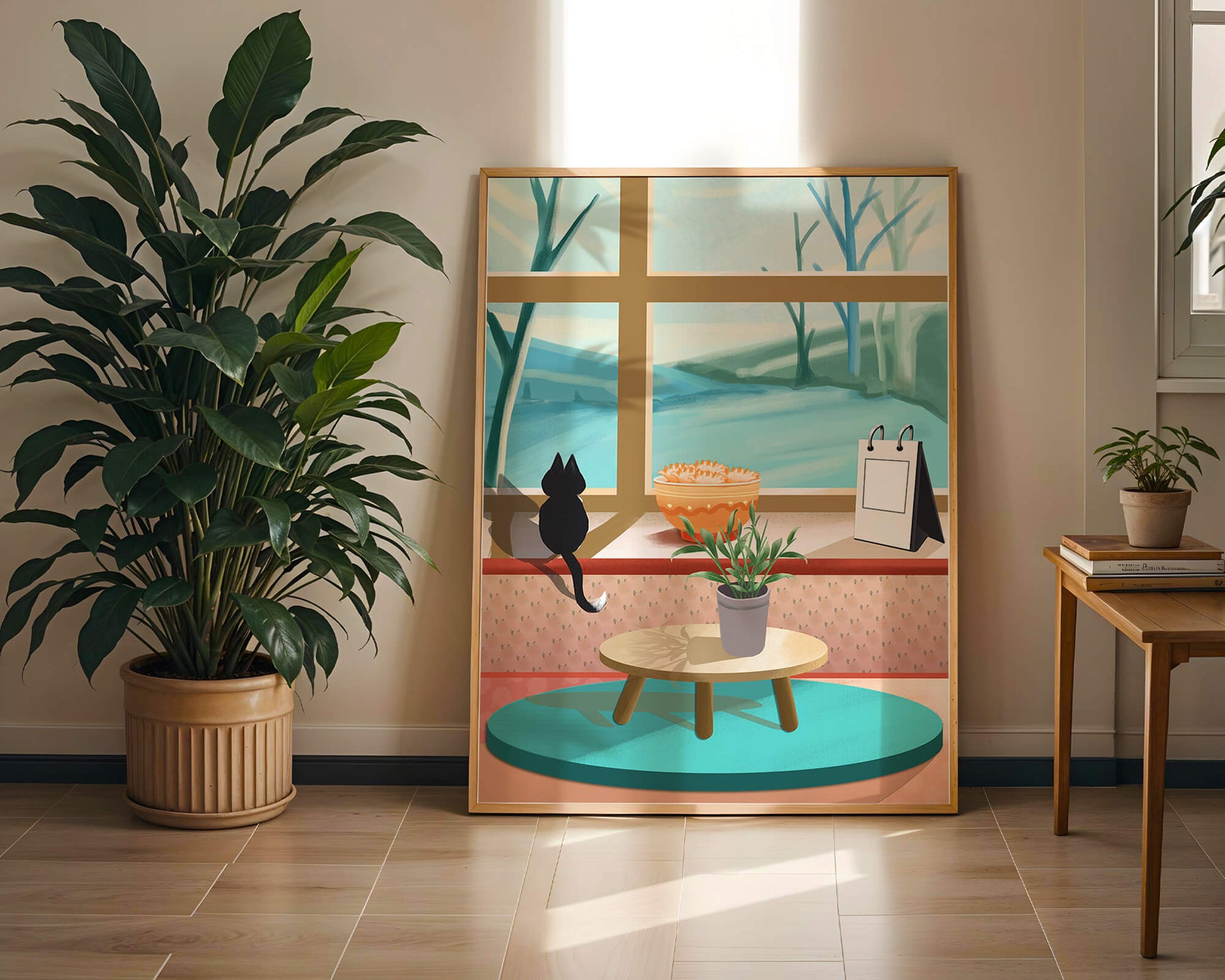 Cozy interior with a cat by the window and potted plants