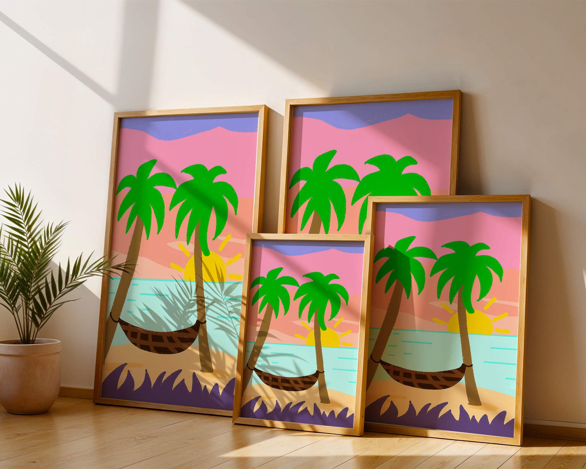 Tranquil beach scene with hammock and sunset