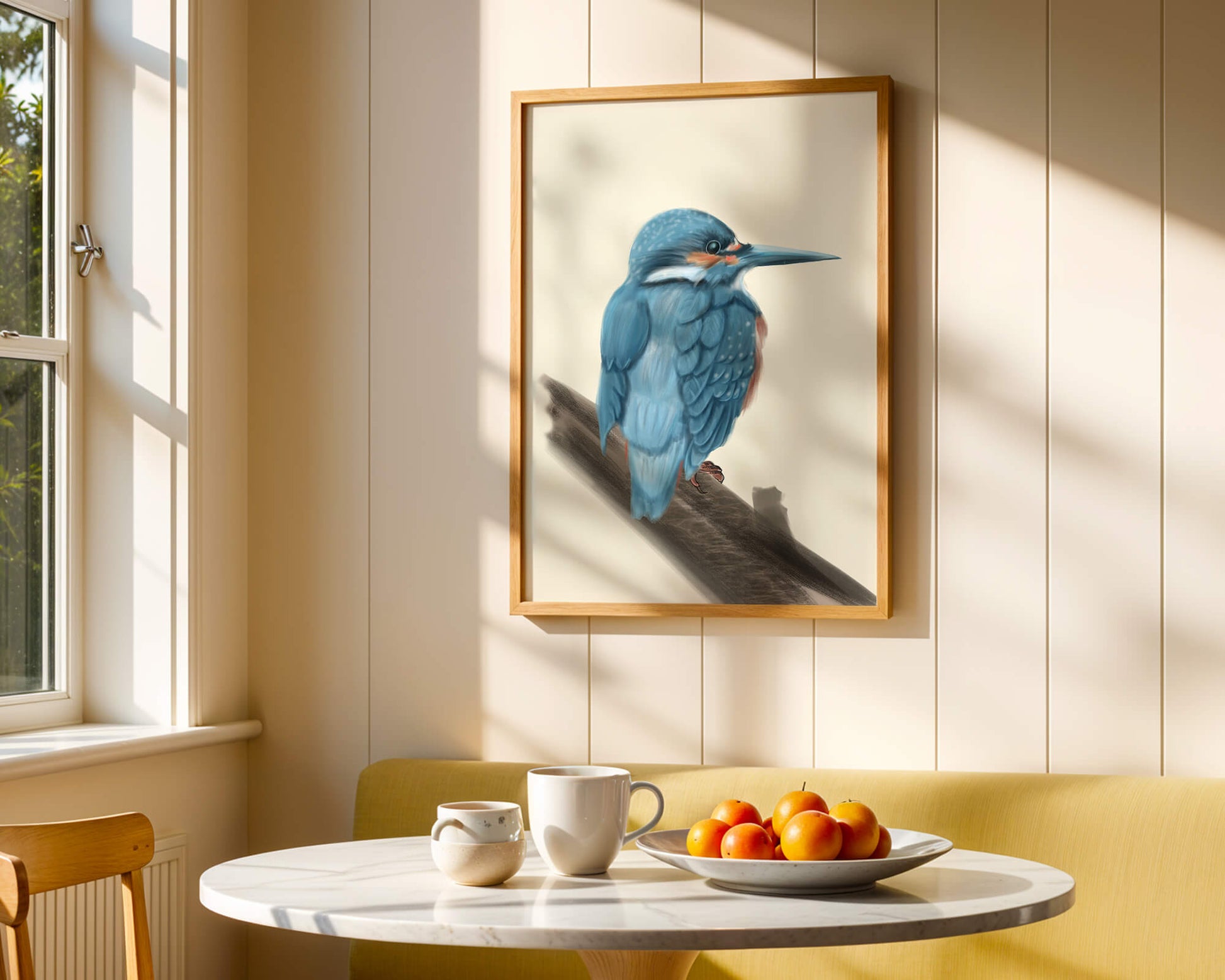 Illustration of a vibrant blue bird on a branch