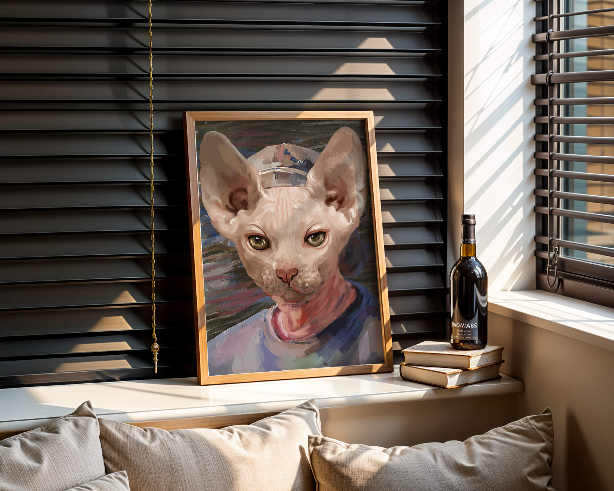 Painted portrait of a sphynx cat wearing a casual cap