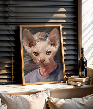 Painted portrait of a sphynx cat wearing a casual cap