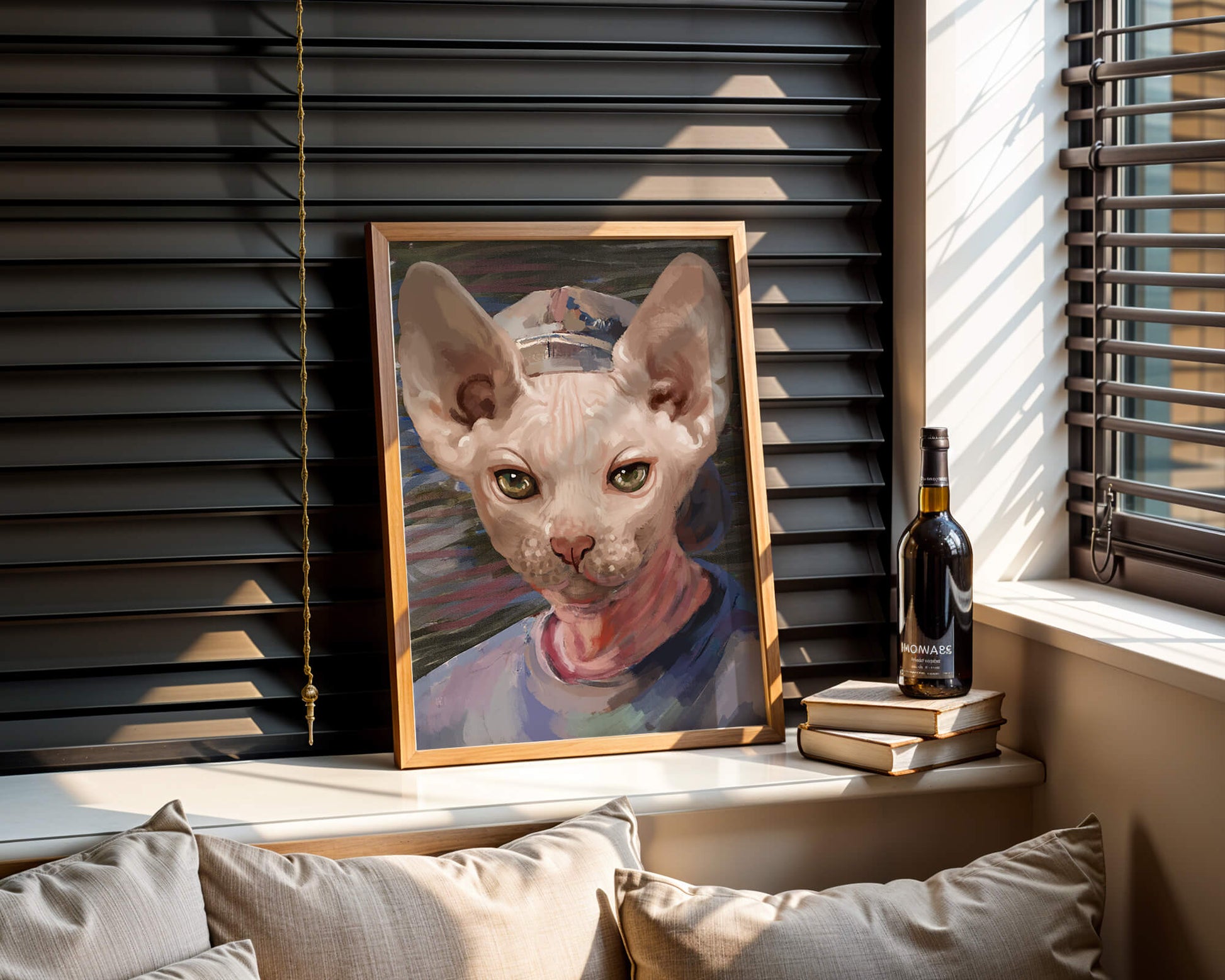 Painted portrait of a sphynx cat wearing a casual cap