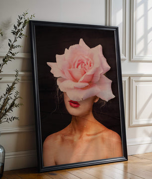 Woman with a Rose Head and Red Lips on a Dark Background - Mi tienda