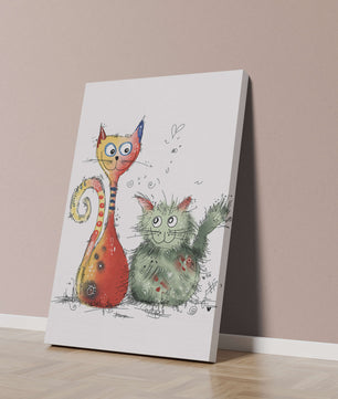 Ilustración artística colorida de dos gatos juguetones sobre fondo blanco