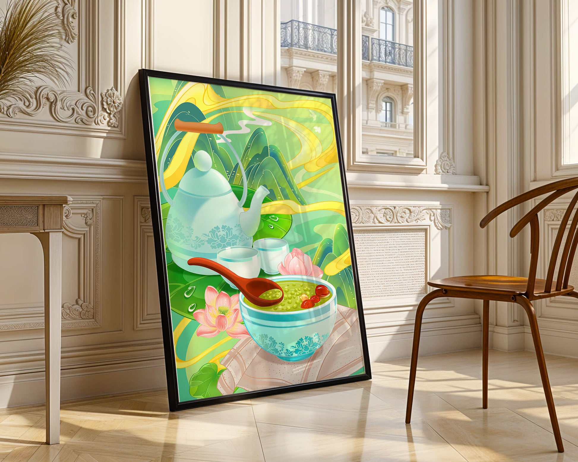 Ceremonia del té con tetera y cuencos de té en medio de un paisaje natural.