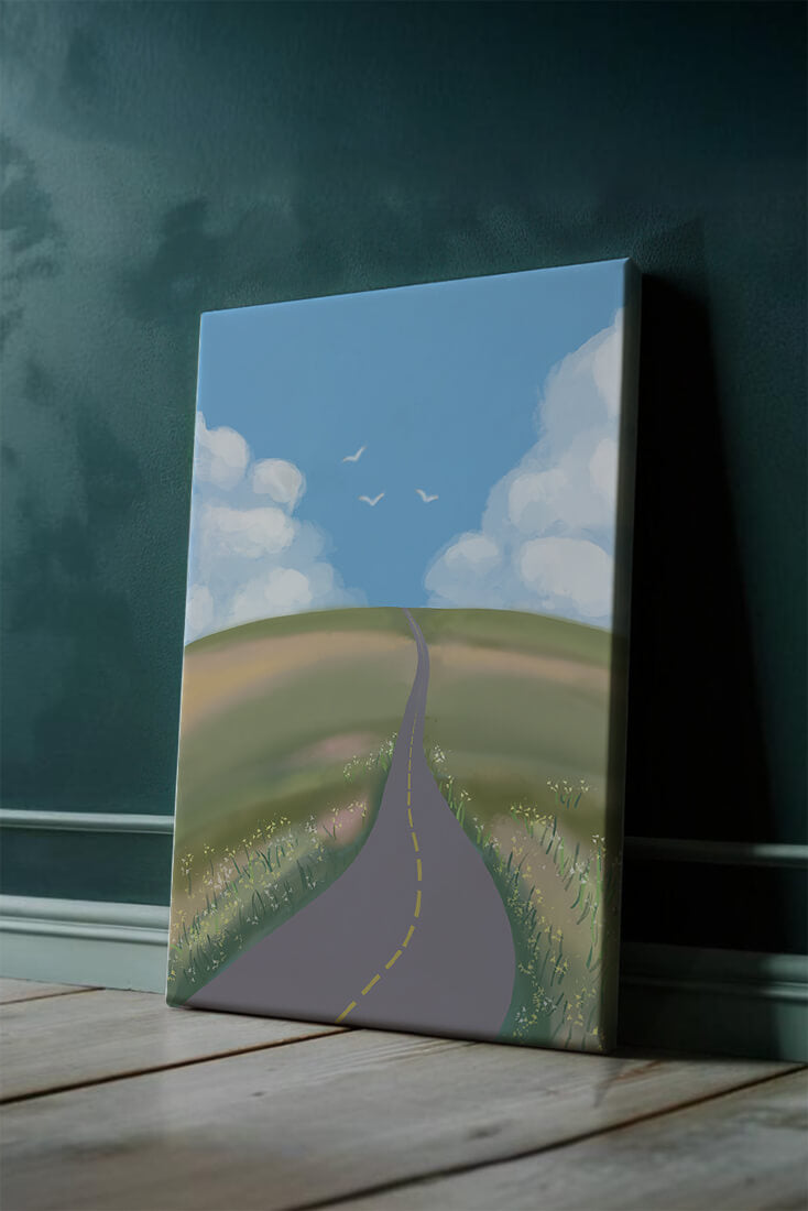 Serene countryside road with vibrant sky and rolling hills