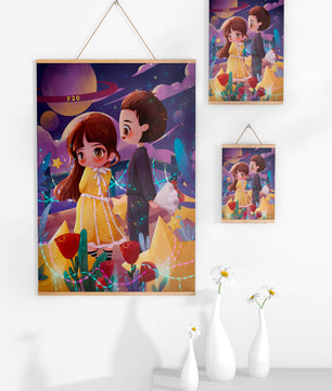 Ilustración de pareja romántica con estrellas y rosas en un entorno nocturno mágico