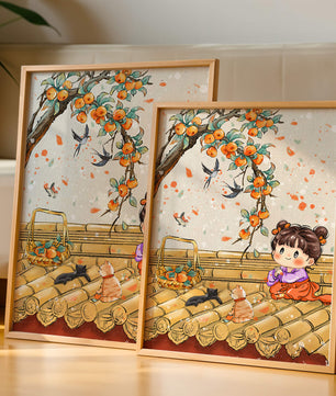 Charming illustration of a child with cats on a rooftop beneath a fruit tree
