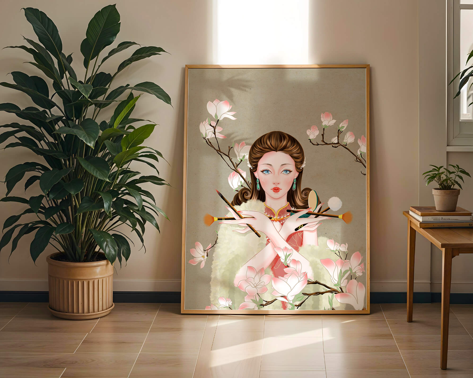 Elegant woman with makeup tools amidst blooming magnolia branches