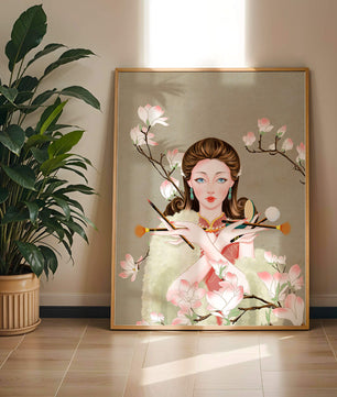Femme élégante avec des outils de maquillage parmi des branches de magnolia en fleurs