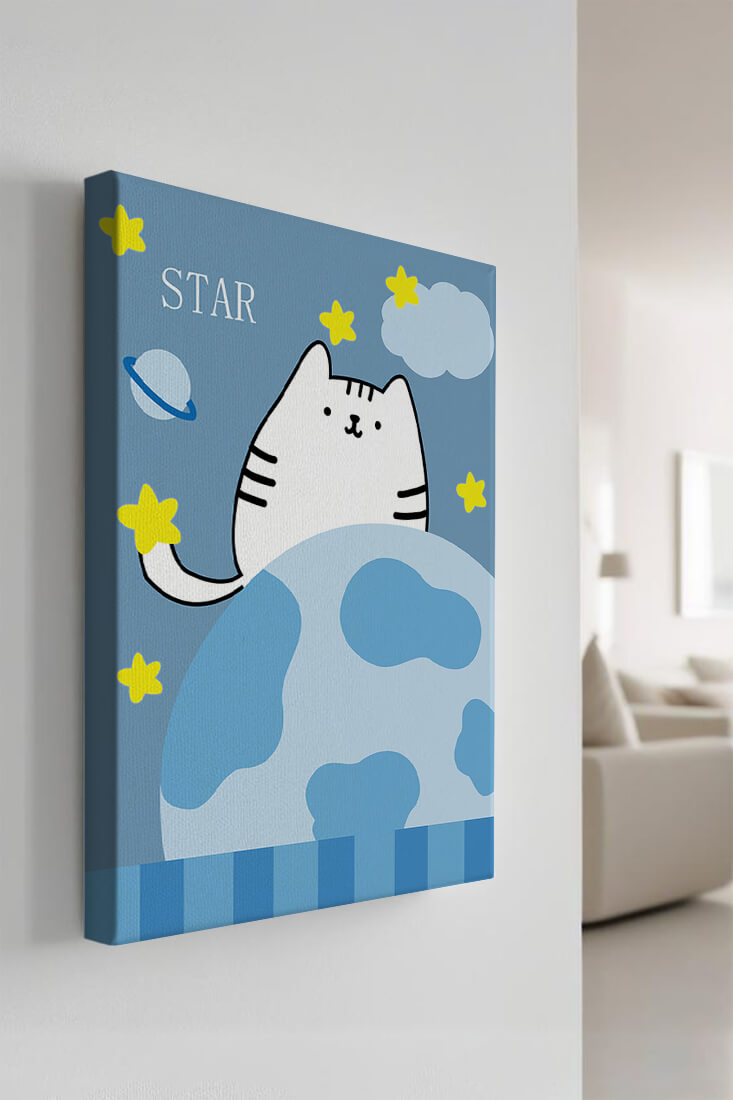 Illustration of a cute cat in space with stars and planets