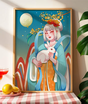 Femme élégante en tenue traditionnelle tenant un lapin blanc sous une pleine lune