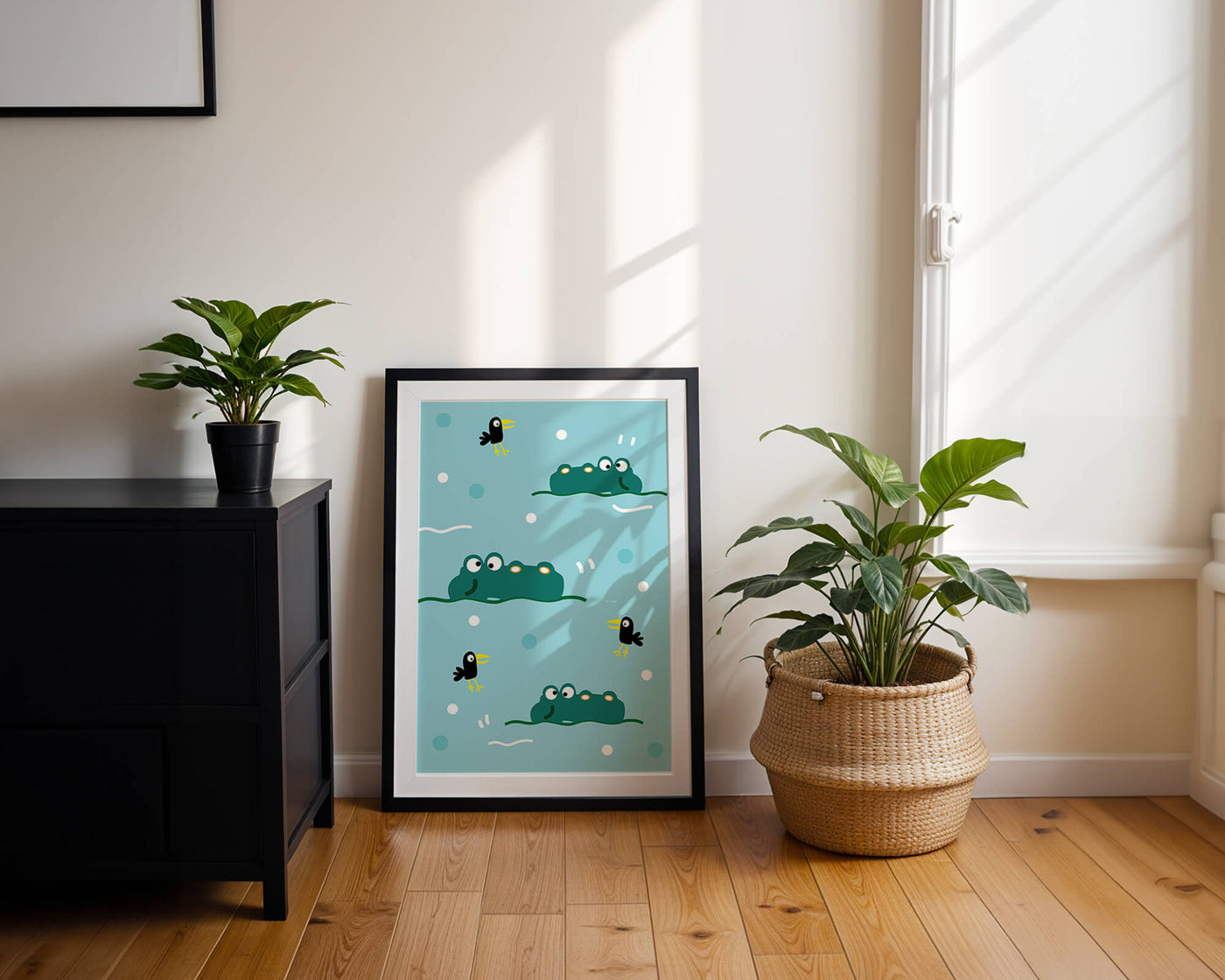 Playful cartoon crocodiles and birds on blue patterned background