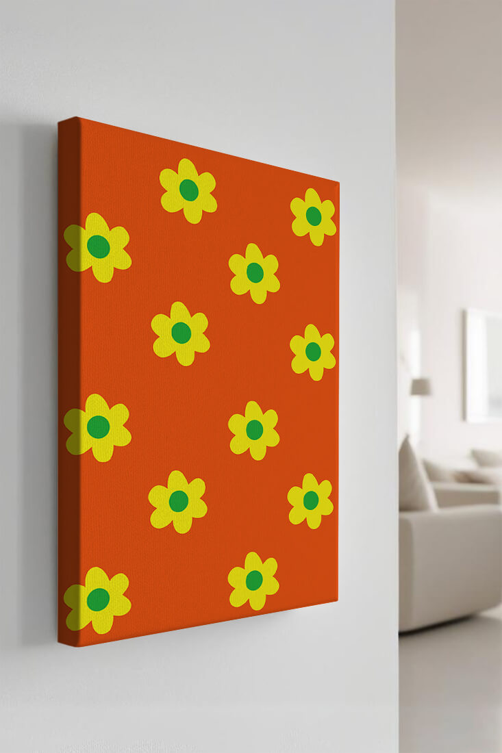 Colorful floral pattern with yellow flowers on orange background
