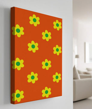 Buntes Blumenmuster mit gelben Blumen auf orangefarbenem Hintergrund
