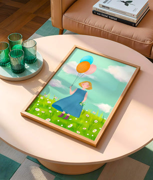 Girl with balloons in a field of daisies under a blue sky