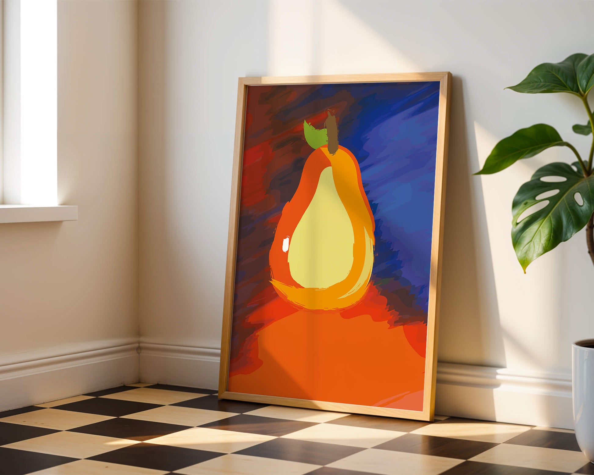 Pintura abstracta de una pera colorida sobre un fondo vibrante.