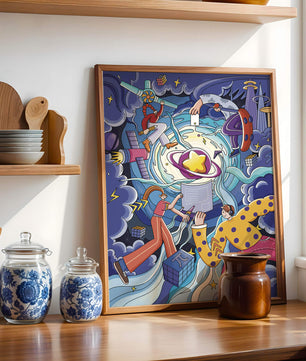 Exploration cosmique colorée avec personnages animés et formes géométriques