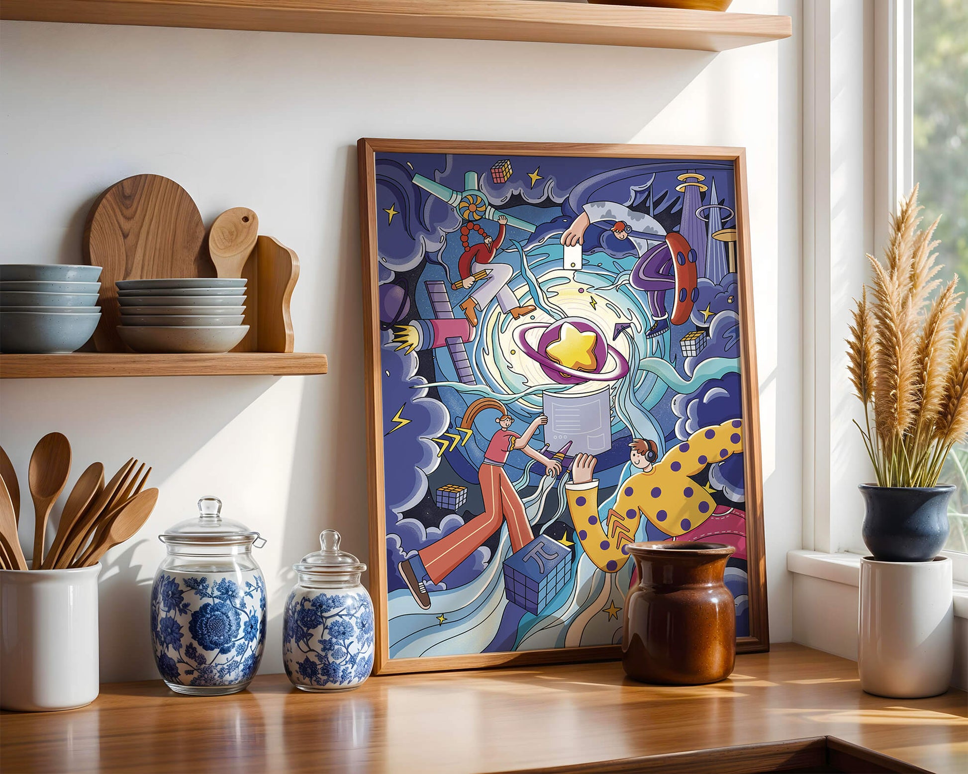 Colorful Cosmic Exploration with Animated Characters and Geometric Shapes