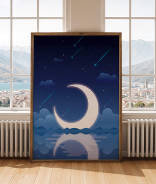 Serene night sky with crescent moon reflecting on water