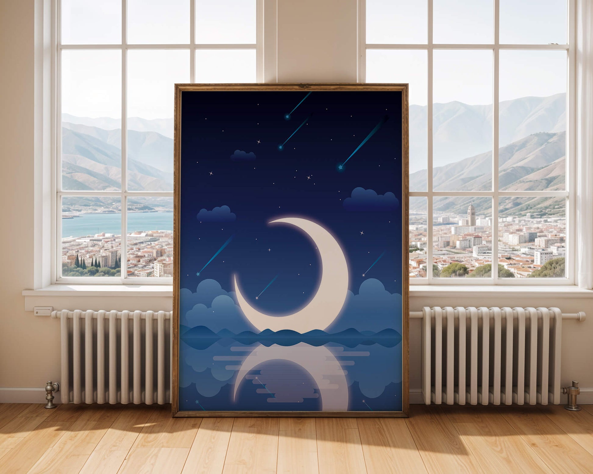 Serene night sky with crescent moon reflecting on water