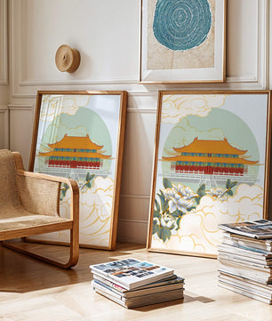 Traditional Asian palace illustration with floral and cloud motifs