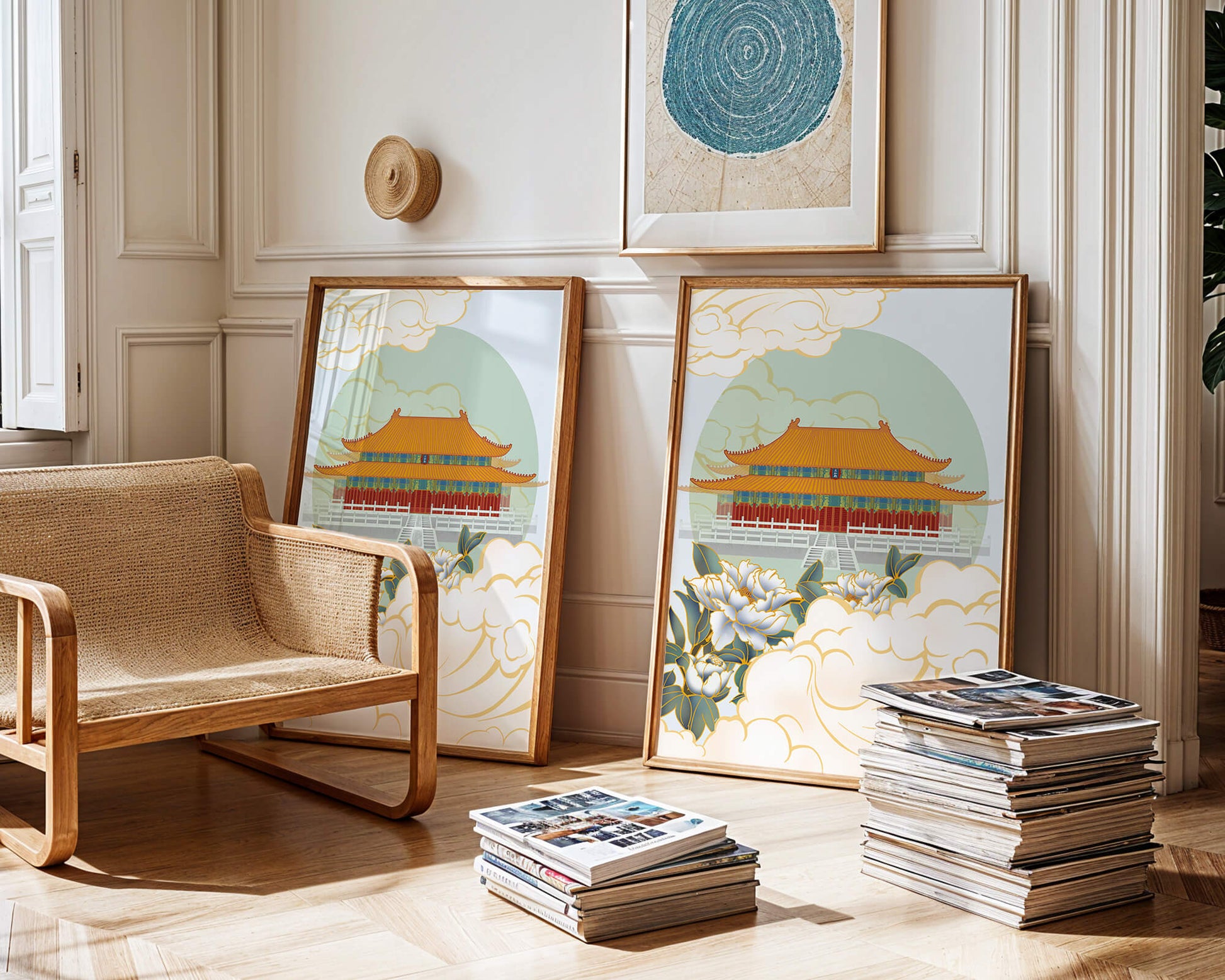 Traditional Asian palace illustration with floral and cloud motifs