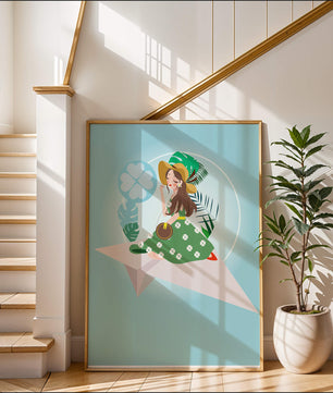 Mujer en un avión de papel con fondo de tema tropical