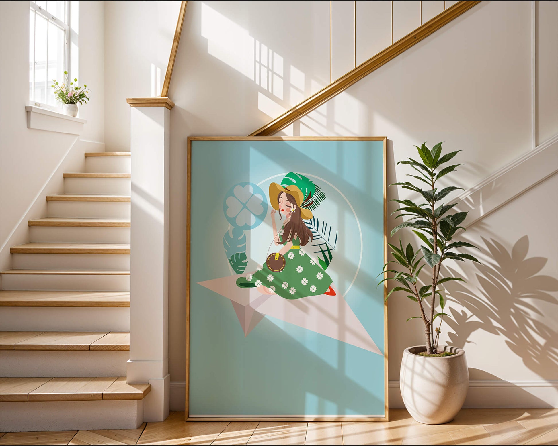 Woman on paper plane with tropical theme background