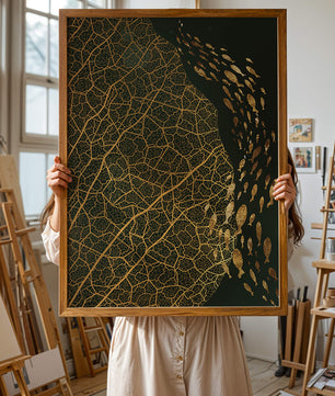 Hoja abstracta con patrón geométrico y siluetas de peces
