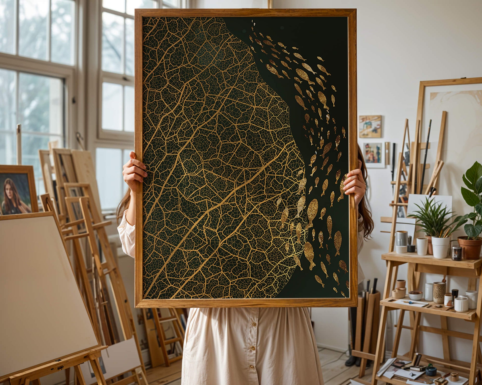Hoja abstracta con patrón geométrico y siluetas de peces