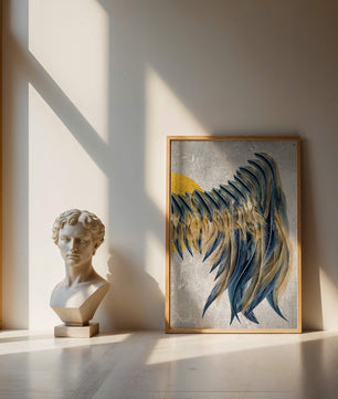 Abstract Composition with Blue and Gold Accents on Textured Background