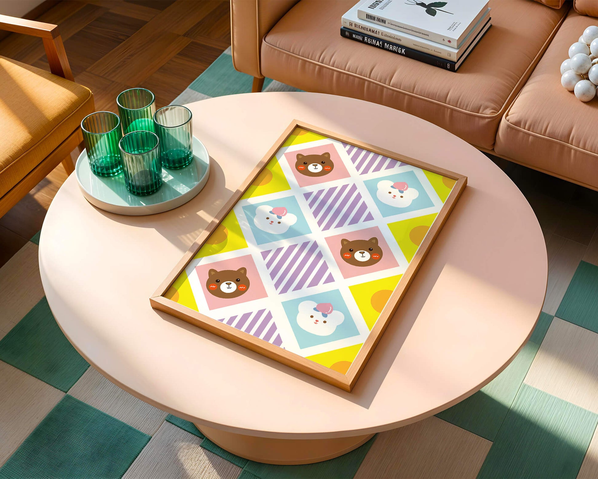 Playful geometric bear and colorful pattern for children's room decor