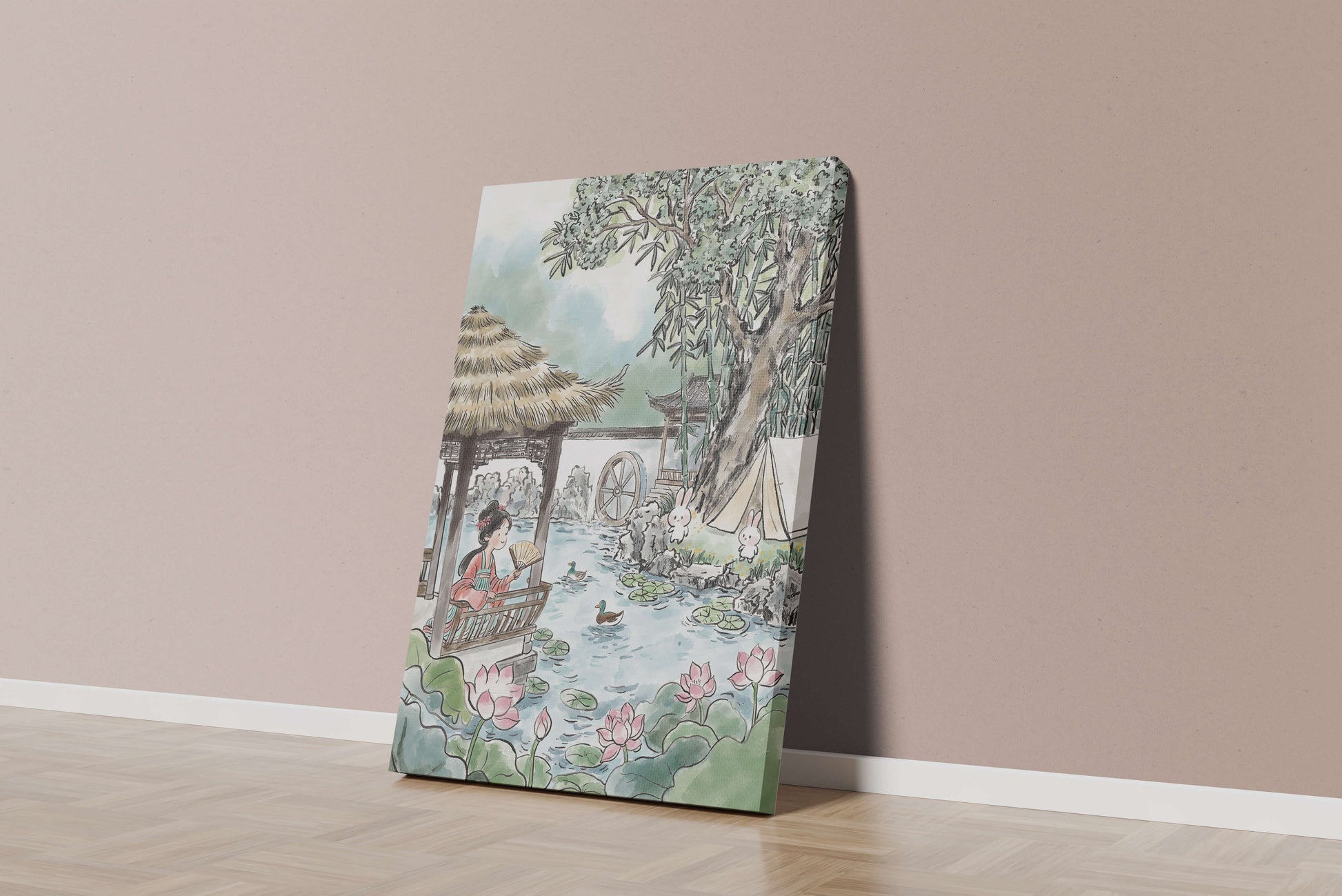 Escena tranquila de jardín con mujer, patos y conejos en un entorno tradicional