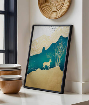 Elegante abstrakte Kunst mit goldenem Hirsch und Naturthema