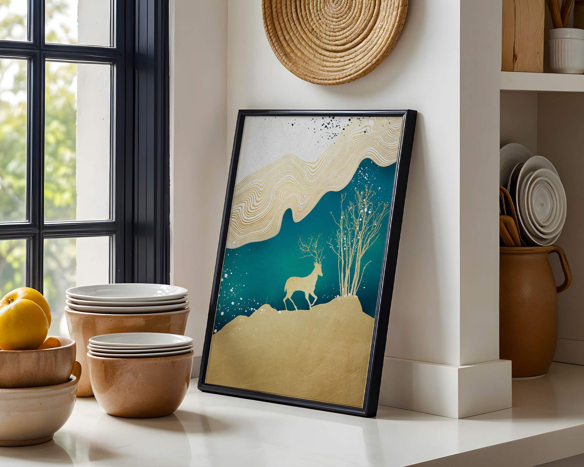 Elegante arte abstracto con ciervos dorados y temática de naturaleza.