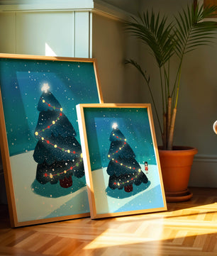 Winter scene with decorated Christmas tree and snowfall