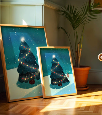 Winter scene with decorated Christmas tree and snowfall
