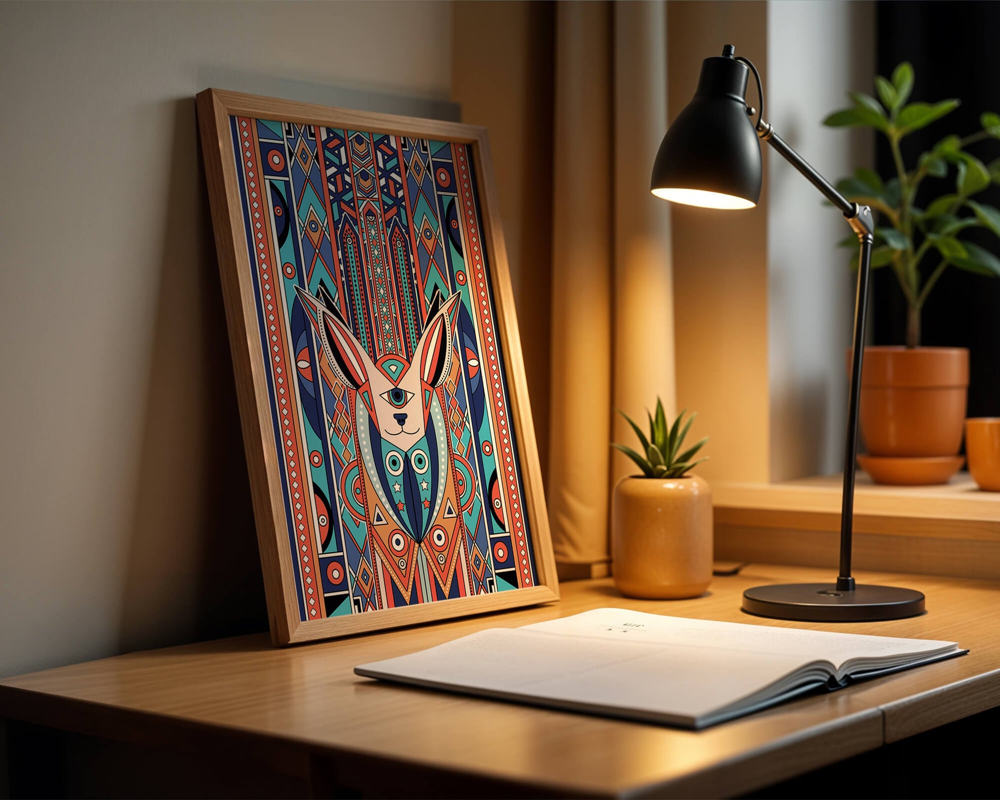 Diseño geométrico abstracto con motivo animal y patrones vibrantes