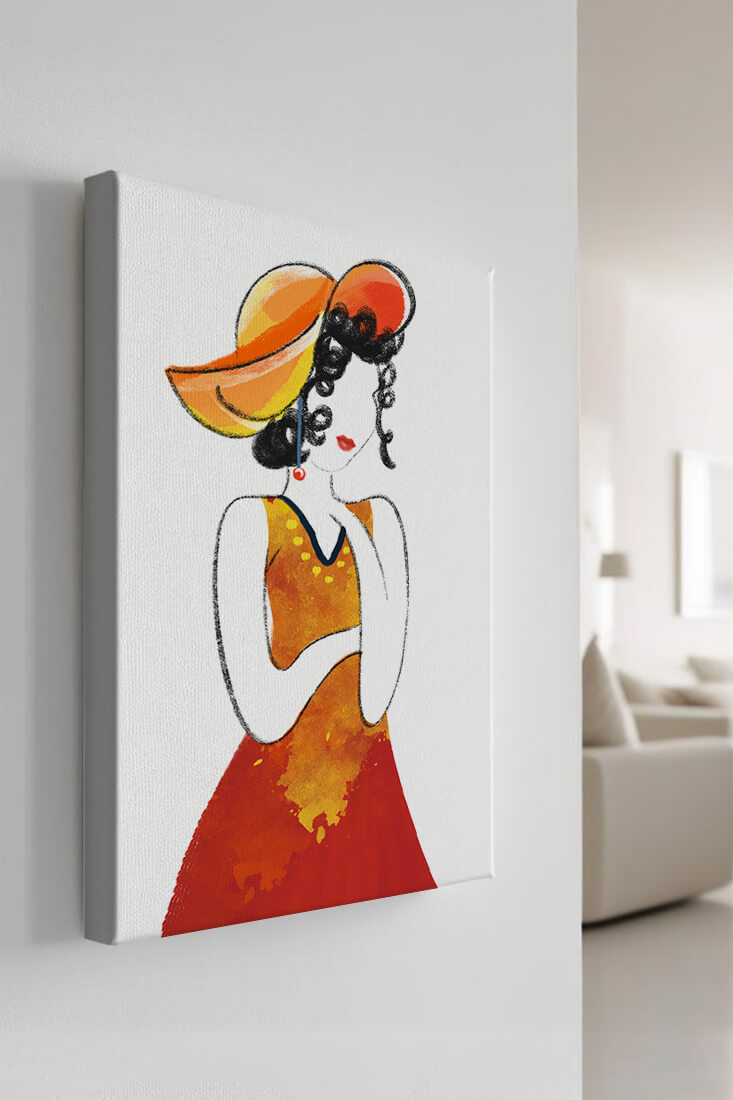 Elegant woman in a vibrant hat and dress illustration