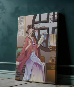 Illustrated scene of a woman in traditional attire reading by a window
